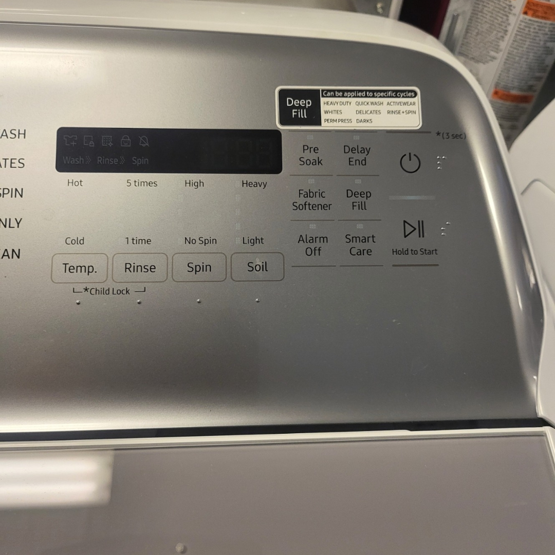 SET: Samsung WA50R5200AW 27 Inch Top Load Washer 5.0 Cu. Ft. & Samsung DVE50R5200W 27 Inch Electric Dryer with 7.4 Cu. Ft. - REFURBISHED