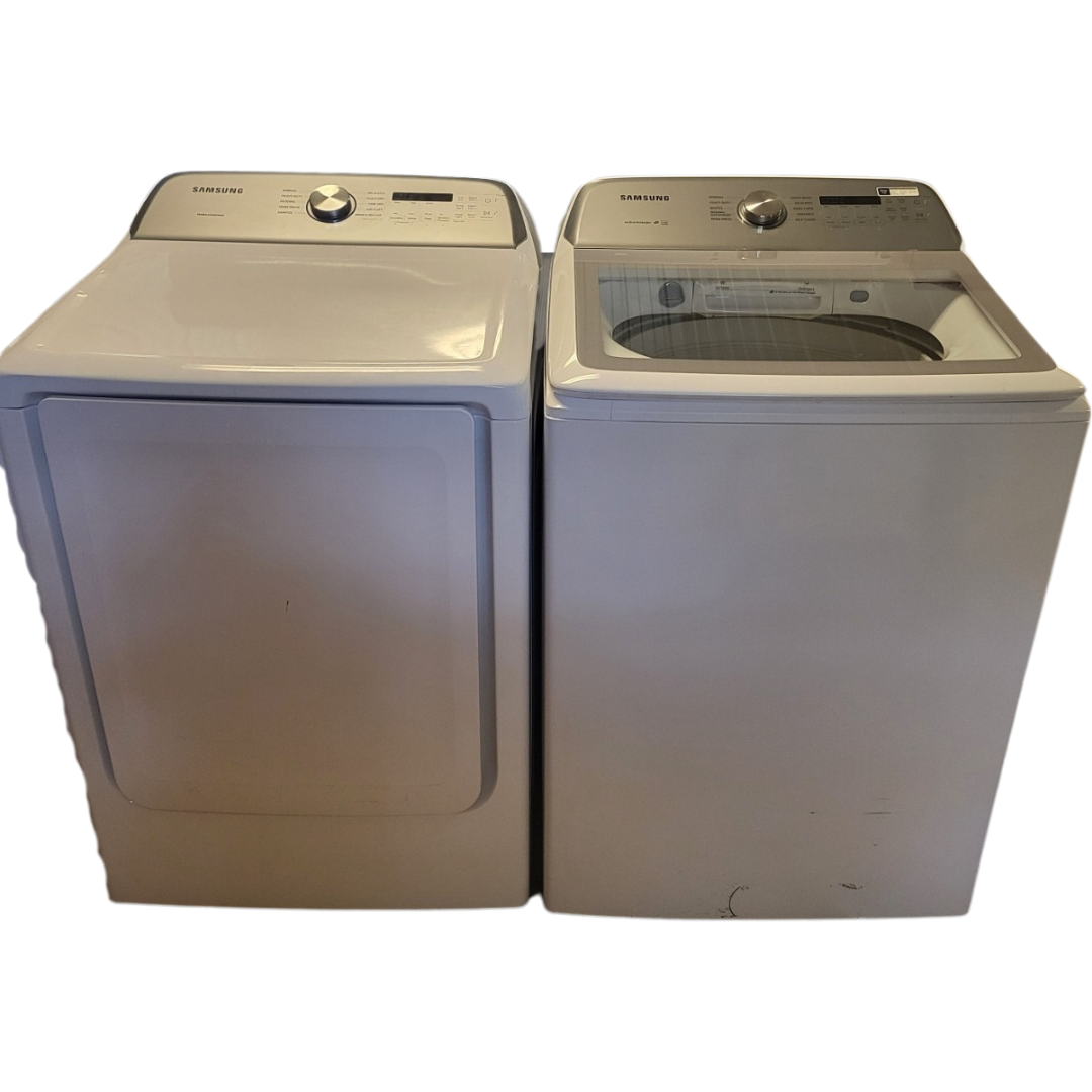 SET: Samsung WA50R5200AW 27 Inch Top Load Washer 5.0 Cu. Ft. & Samsung DVE50R5200W 27 Inch Electric Dryer with 7.4 Cu. Ft. - REFURBISHED