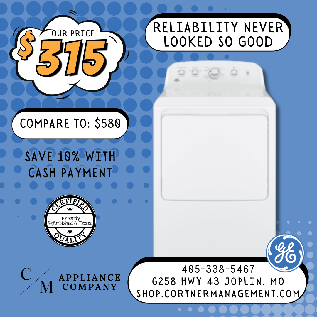 Advertisement for a white dryer with promotional text and GE logo on a blue background