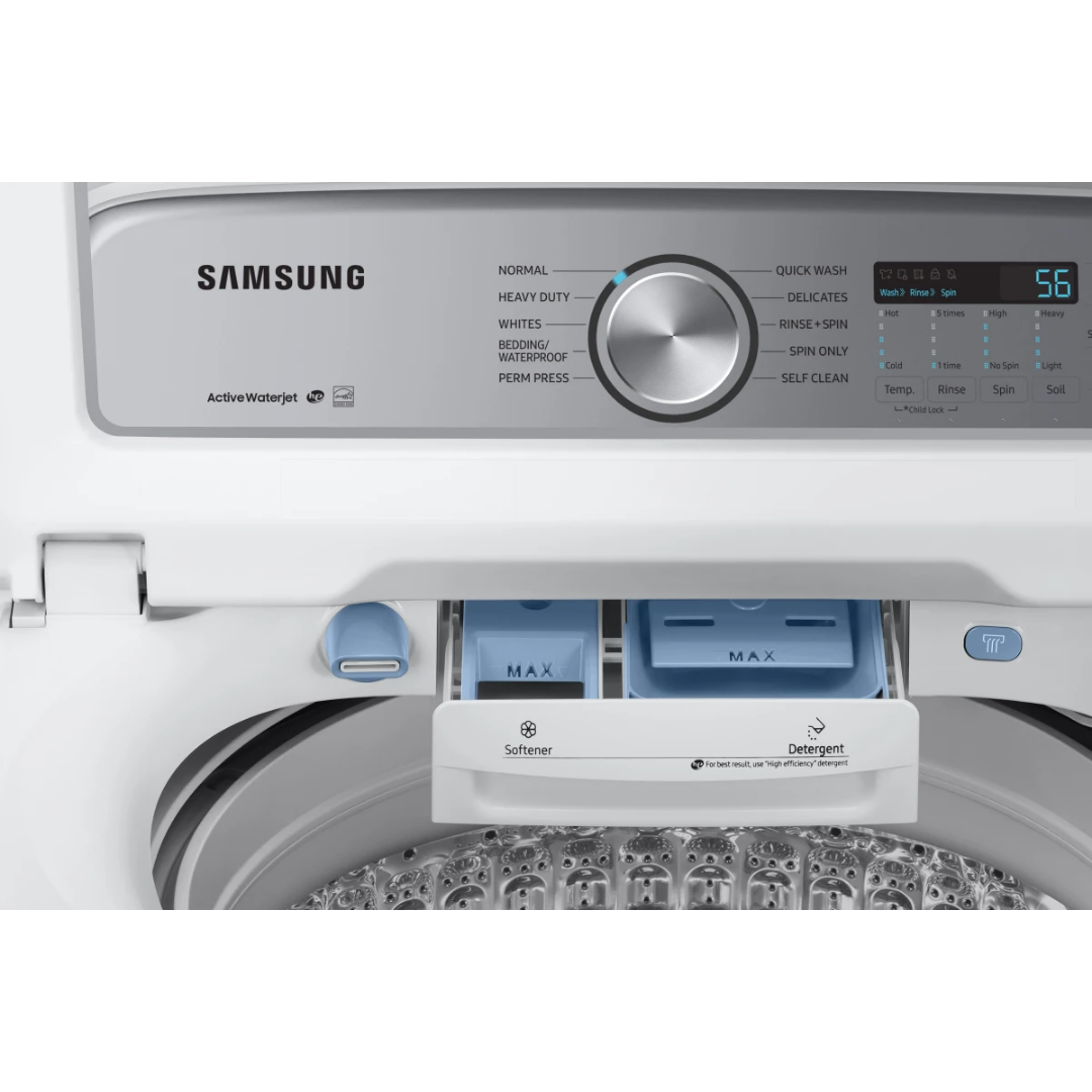 SET: Samsung WA50R5200AW 27 Inch Top Load Washer 5.0 Cu. Ft. & Samsung DVE50R5200W 27 Inch Electric Dryer with 7.4 Cu. Ft. - REFURBISHED