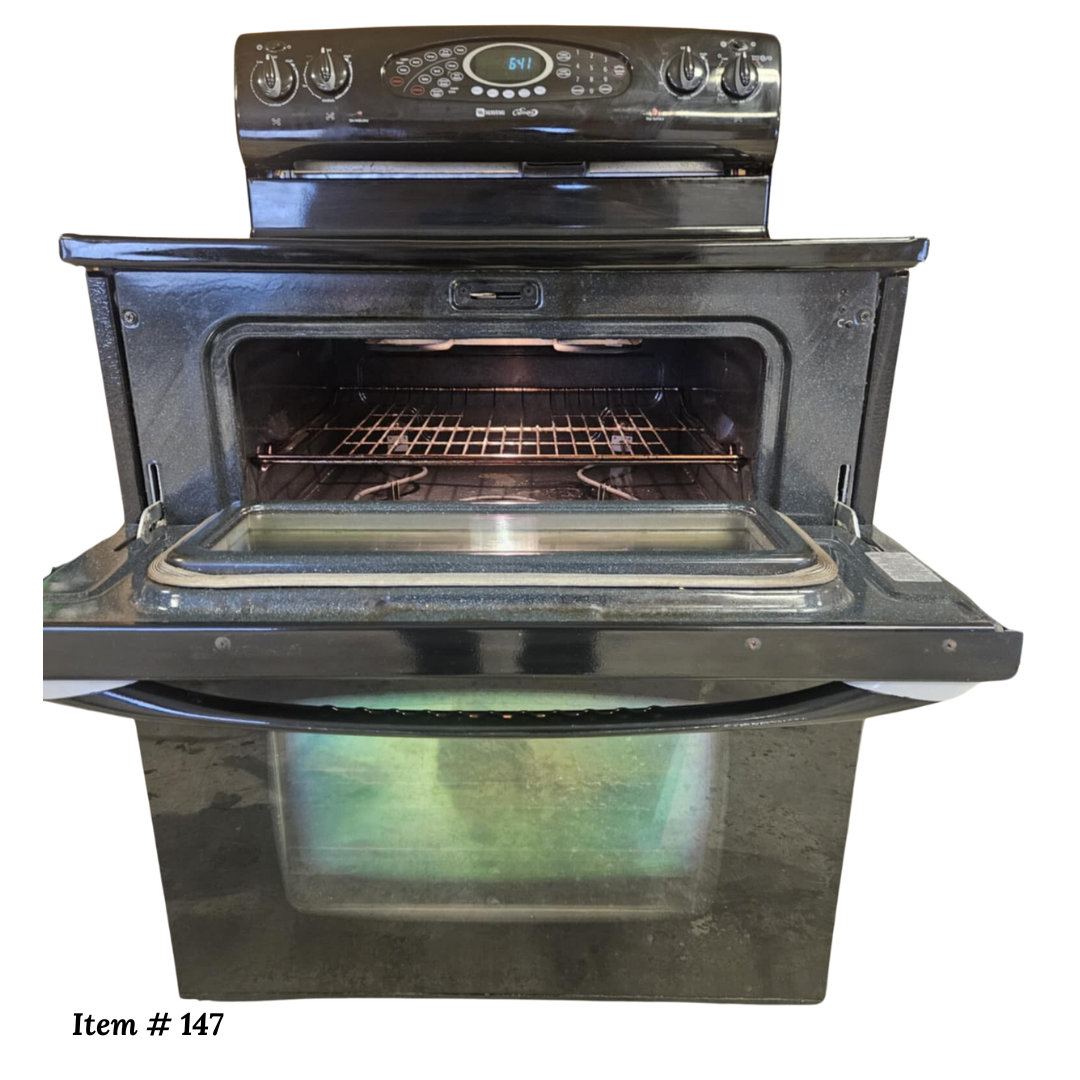 Maytag Gemini Series MER6875BAB 30 Inch Freestanding Smoothtop Electric Double Oven Range, 6.3 cu. ft. Self-Clean Ovens, EvenAir Convection Lower Oven, Rapid Preheat and Electronic Controls: Black - Refurbished