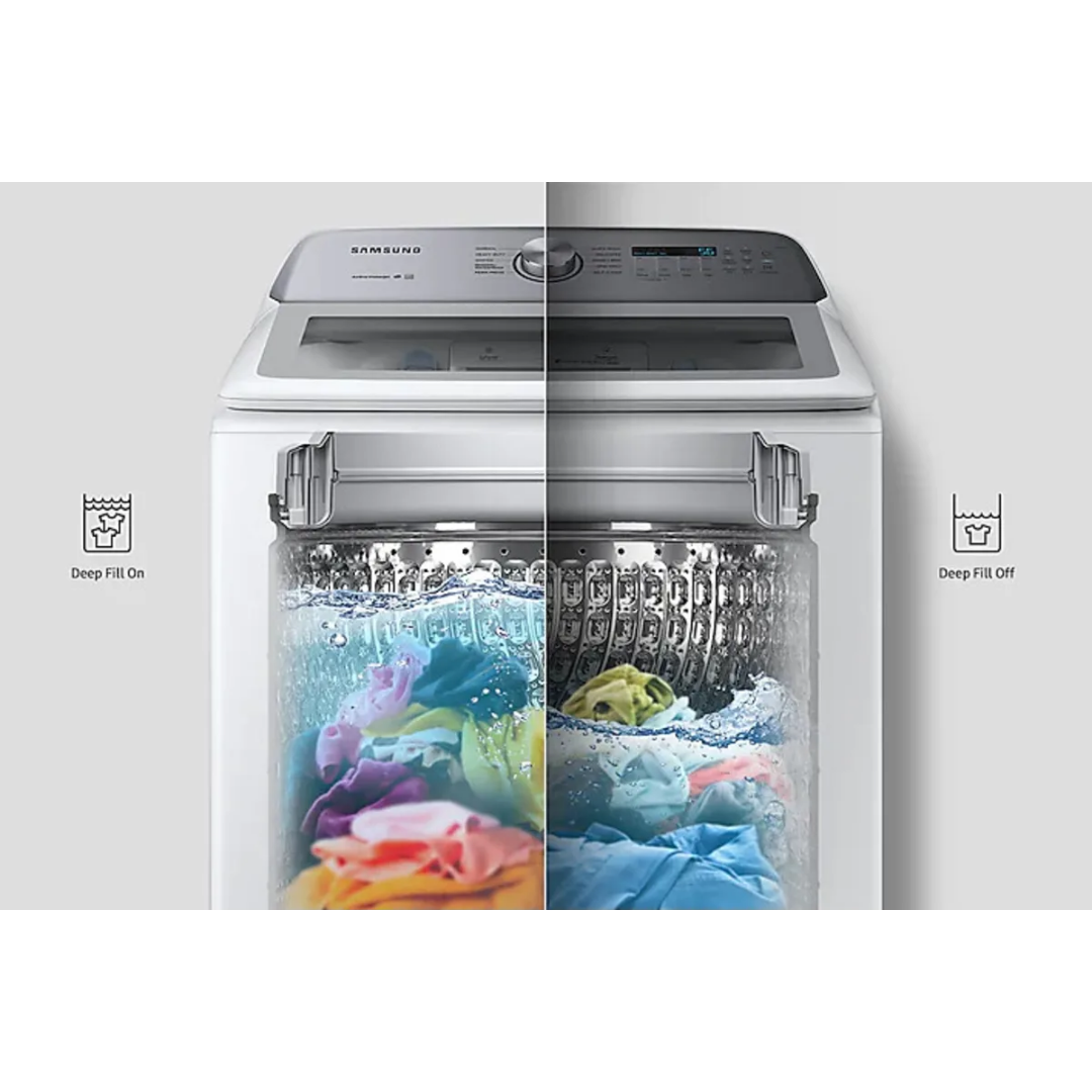 SET: Samsung WA50R5200AW 27 Inch Top Load Washer 5.0 Cu. Ft. & Samsung DVE50R5200W 27 Inch Electric Dryer with 7.4 Cu. Ft. - REFURBISHED
