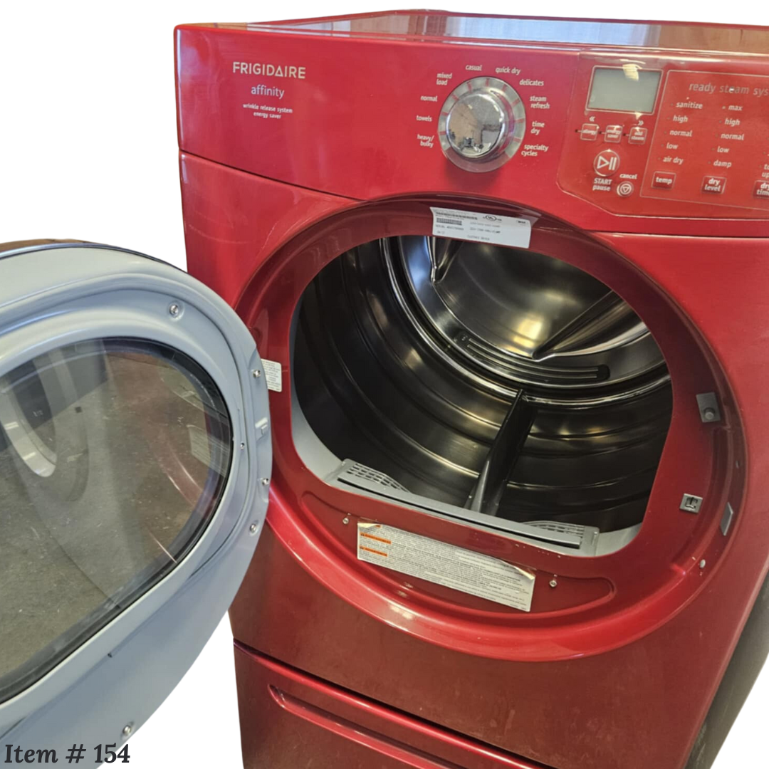 Frigidaire Affinity Series FASE7074LR 27 Inch Electric Steam Dryer with 7.0 cu. ft. Ultra-Capacity, Ready Steam, Energy Saver Option, DrySense Technology, Specialty Cycles/Options and NSF Certified: Classic Red - Refurbished