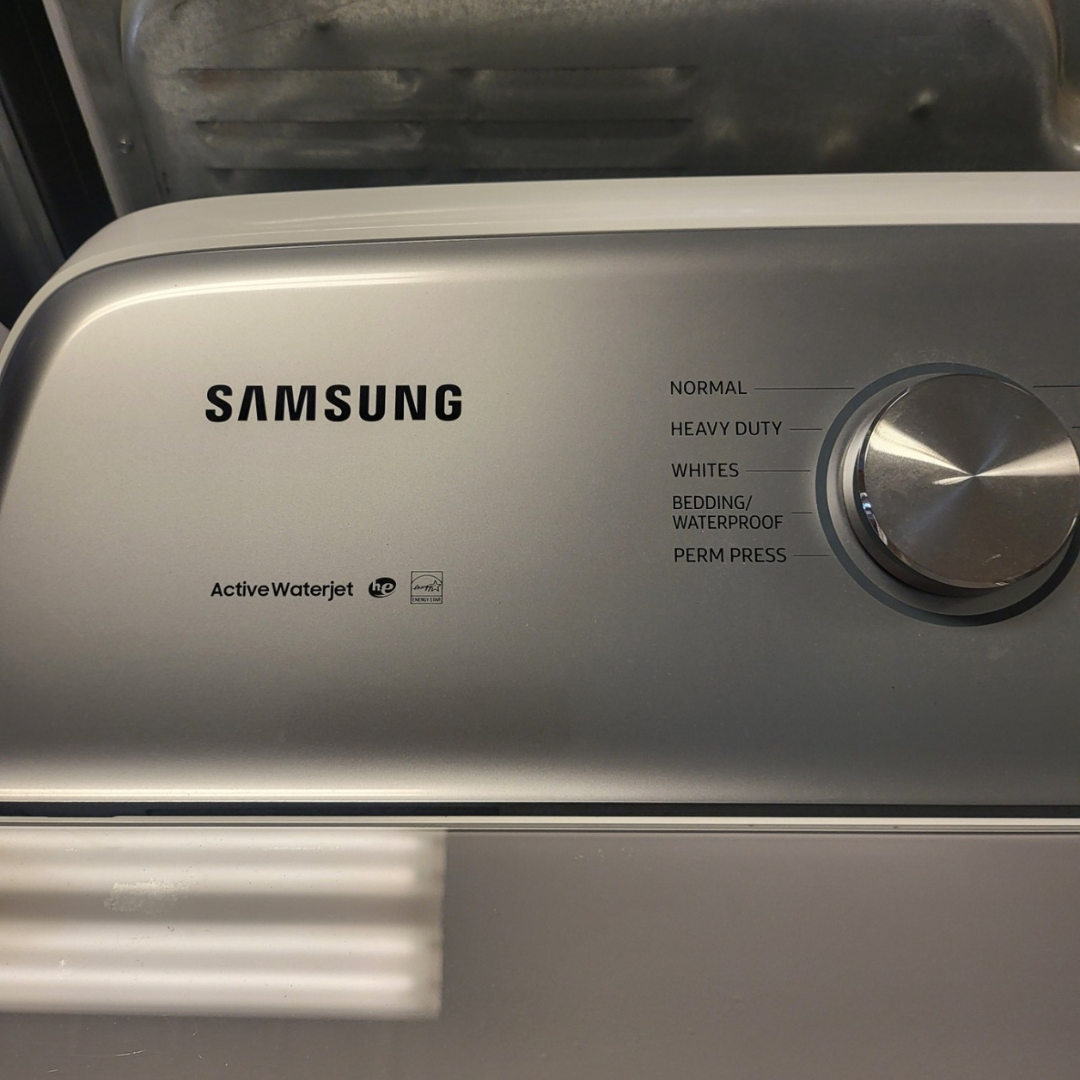 SET: Samsung WA50R5200AW 27 Inch Top Load Washer 5.0 Cu. Ft. & Samsung DVE50R5200W 27 Inch Electric Dryer with 7.4 Cu. Ft. - REFURBISHED