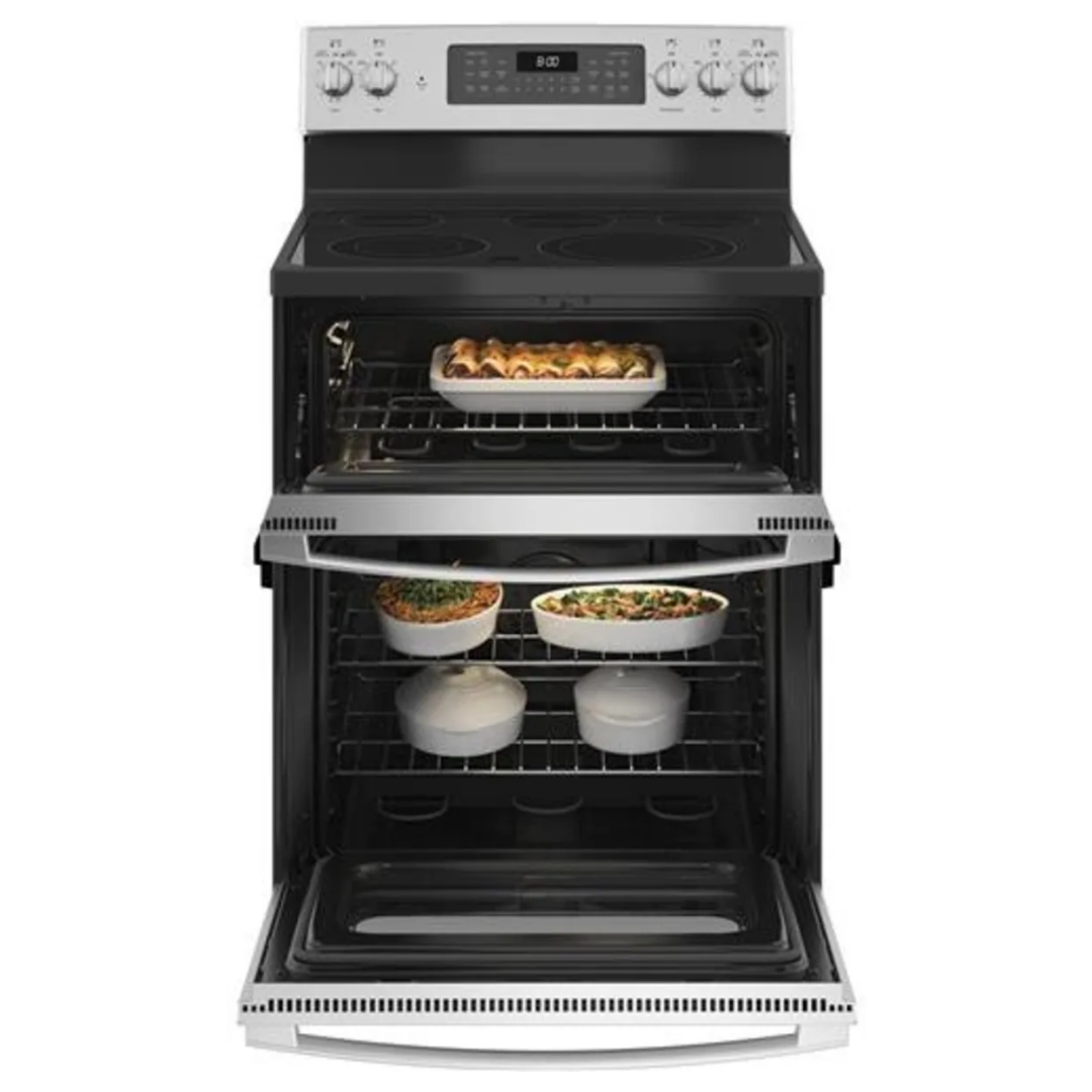 GE 30 Inch Electric Double Oven Range with 5 Radiant Elements, 6.6 Cu. Ft. Total Capacity, Ceramic Glass Smoothtop, Steam Clean, Power Boil Element, Warming Zone, Convection Oven, 8-Pass Bake Element, Fast Preheat, and Sabbath Mode: Stainless Steel