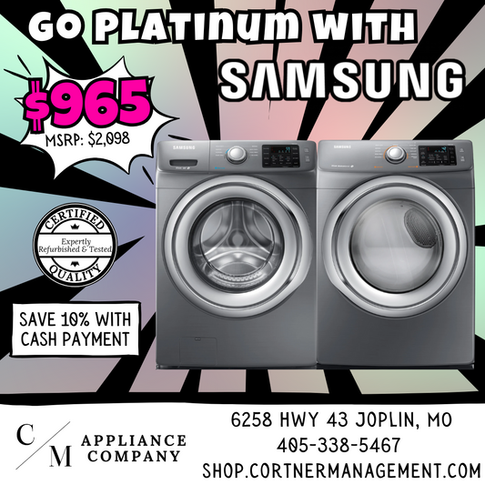 SET: Samsung WF42H5200AP 27 Inch 4.2 cu. ft. Front Load Washer & DV42H5200EP 27 Inch Electric Dryer 7.5 cu. ft. Platinum Refubished