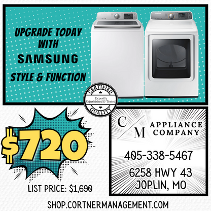 SET: Samsung WA45M7050AW 27 Inch Top Load Washer 4.5 cu. ft. & DV48H7400EW 27 Inch 7.4 cu. ft. Electric Dryer  Refurbished