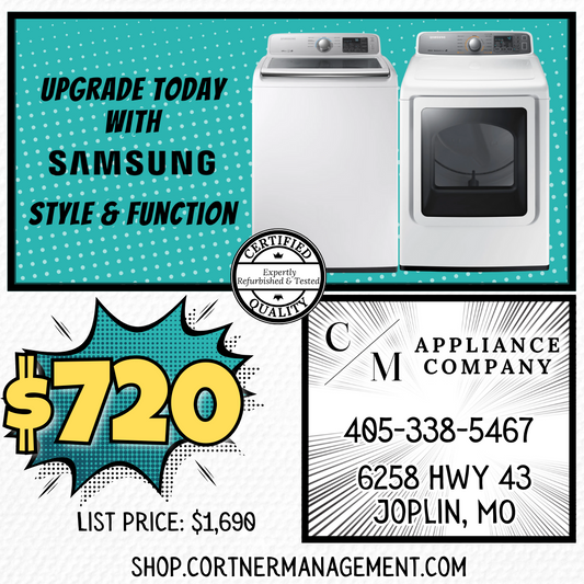 SET: Samsung WA45M7050AW 27 Inch Top Load Washer 4.5 cu. ft. & DV48H7400EW 27 Inch 7.4 cu. ft. Electric Dryer  Refurbished