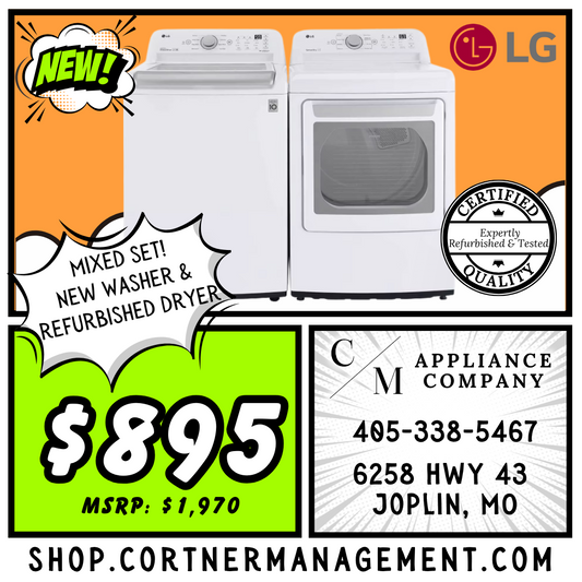 SET: NEW LG WT6105CW 27 Inch Top Load Washer with 4.1 cu ft Capacity & REFURBISHED DLE7150W 27 Inch Electric Dryer with 7.3 Cu. Ft. Capacity (Copy)