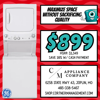 GE Spacemaker GUD27ESSMWW 27 Inch Electric Laundry Center with Auto-load Sensing, Cycle Status Lights, Rotary Controls, 11 Wash Cycles, 6 Wash/Rinse Temperatures and 800 RPM