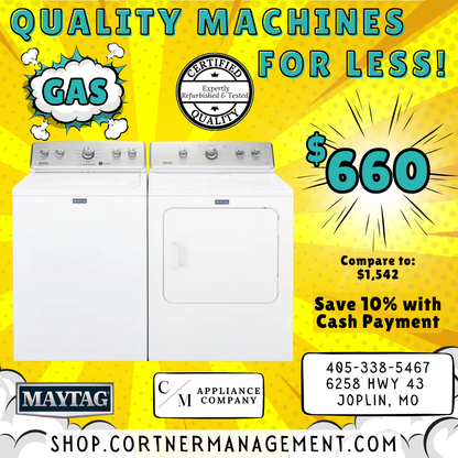SET: Maytag MVWC565FW 28 Inch Top Load Washer, 4.2 Cu. Ft. and MGDC465HW 29 Inch Gas Dryer, 7.0 cu. ft, REFURBISHED