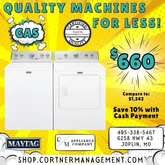 SET: Maytag MVWC565FW 28 Inch Top Load Washer, 4.2 Cu. Ft. and MGDC465HW 29 Inch Gas Dryer, 7.0 cu. ft, REFURBISHED