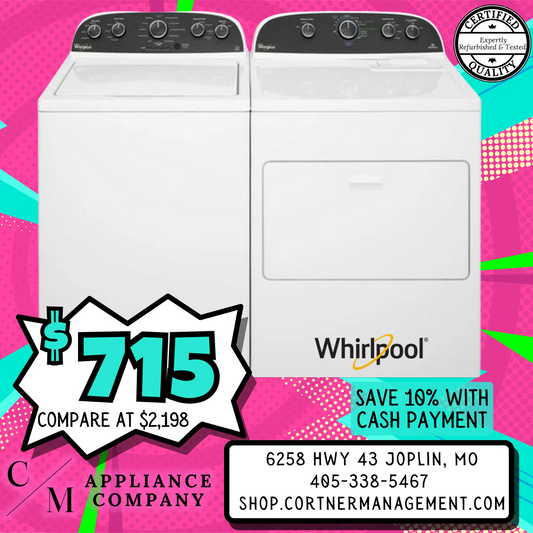 SET: Whirlpool WTW4900BW 27 Inch Top-Load Washer, 3.8 cu. ft. & Whirlpool WED4850BW29 Inch Electric Dryer, 7.0 cu. ft. - REFURBISHED