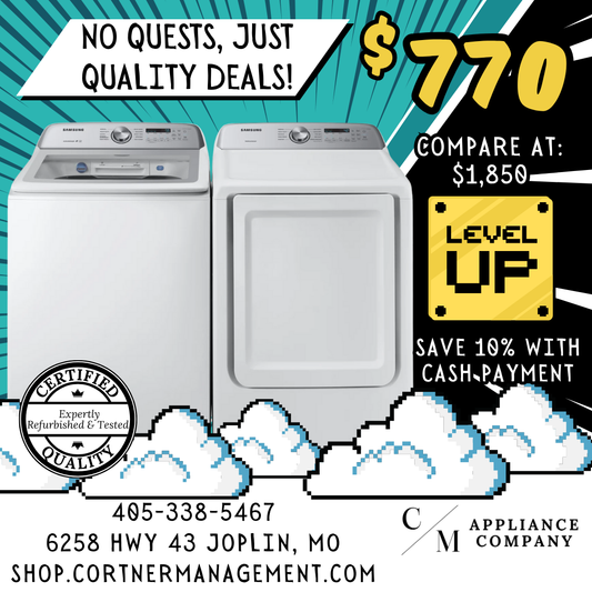SET: Samsung WA50R5200AW 27 Inch Top Load Washer 5.0 Cu. Ft. & Samsung DVE50R5200W 27 Inch Electric Dryer with 7.4 Cu. Ft. - REFURBISHED