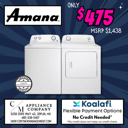 SET: Amana NTW4519JW Washer & NED4655EW Dryer, Refurbished