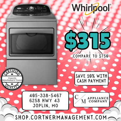 Whirlpool dryer on a red polka dot background with promotional text and contact information.