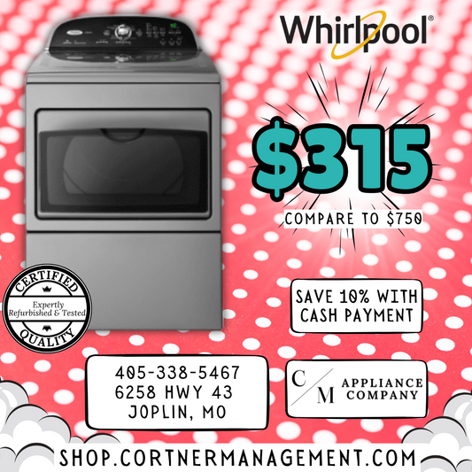 Whirlpool dryer on a red polka dot background with promotional text and contact information.