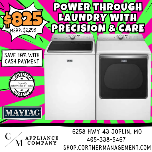 SET: Maytag MVWB835DW 28 Inch Top Load Washer, 5.3 cu. ft. and MEDB835DW 29 Inch Electric Dryer, 8.8 cu. ft., Refurbished