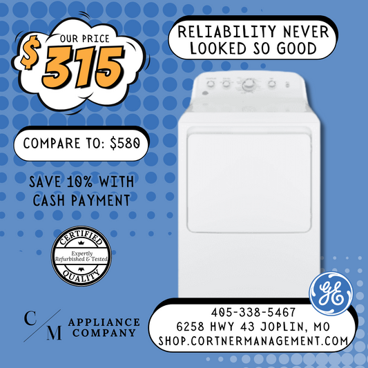 Advertisement for a white dryer with promotional text and GE logo on a blue background