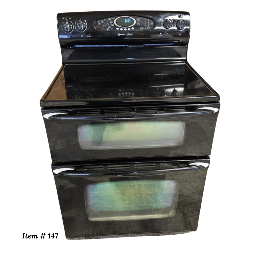 Maytag Gemini Series MER6875BAB 30 Inch Freestanding Smoothtop Electric Double Oven Range, 6.3 cu. ft. Self-Clean Ovens, EvenAir Convection Lower Oven, Rapid Preheat and Electronic Controls: Black - Refurbished