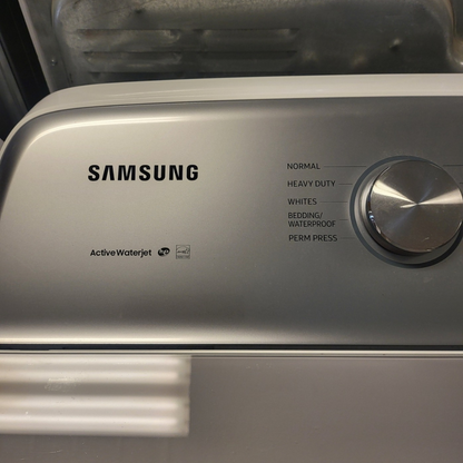 SET: Samsung WA50R5200AW 27 Inch Top Load Washer 5.0 Cu. Ft. & Samsung DVE50R5200W 27 Inch Electric Dryer with 7.4 Cu. Ft. - REFURBISHED