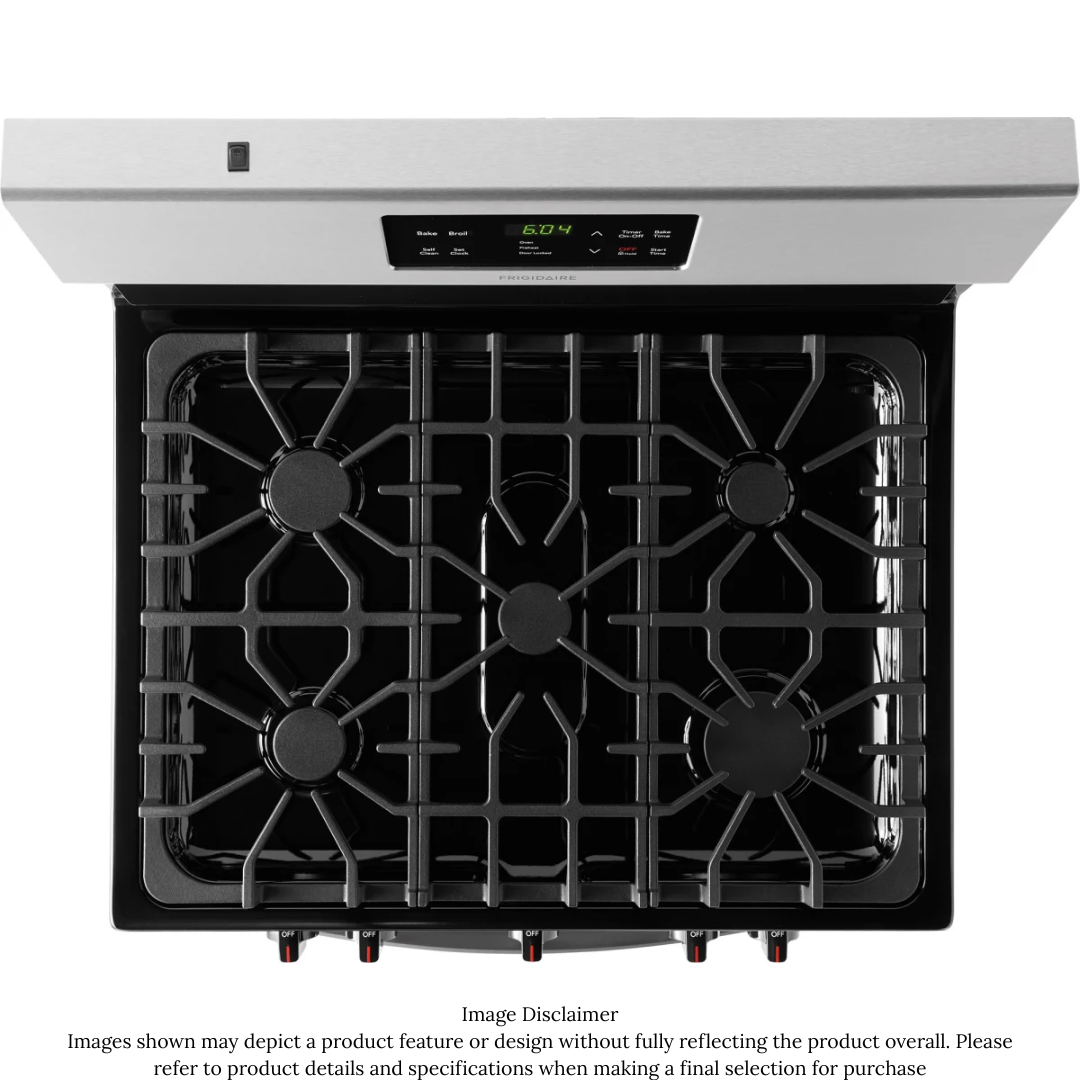 Frigidaire FFGF3054TS 30 Inch Freestanding Gas Range with 5 Sealed Burners, 5 Cu. Ft. Capacity Oven, Store-More™ Storage Drawer, Continuous Grates, One-Touch Self-Clean, Quick Boil, Low Simmer Burner, Auto Shut-Off, and CSA Certified: Stainless Steel
