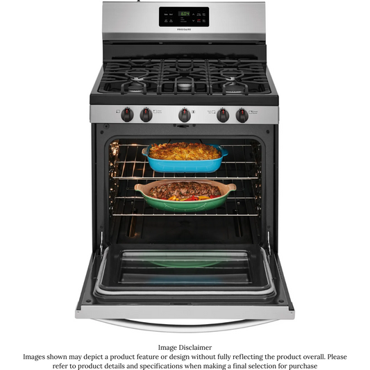 Frigidaire FFGF3054TS 30 Inch Freestanding Gas Range with 5 Sealed Burners, 5 Cu. Ft. Capacity Oven, Store-More™ Storage Drawer, Continuous Grates, One-Touch Self-Clean, Quick Boil, Low Simmer Burner, Auto Shut-Off, and CSA Certified: Stainless Steel