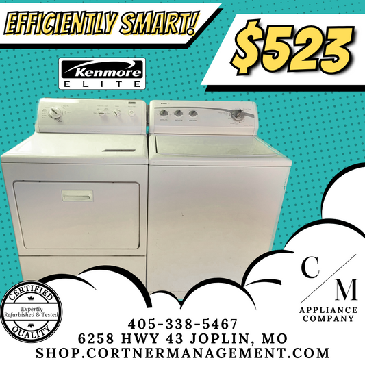 SET: Kenmore Elite 110.28532701 Top-Load Washer 4.5 cu. ft. & 110.68532700 Electric Dryer 6.5 cu. ft. - REFURBISHED